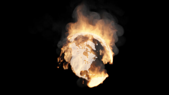 Globe, America, Europe, Asia. The continents of the Earth are on fire. Can be used as a video texture or background for design projects, scenes, etc.
