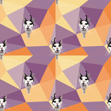 Cat mosaic geometric background. Warm palette colors, vibrant colors palette. Simple, clean, modern texture. Geometric, polygon style. Summer seamless geometric. Kitten lovers. Cheerful drawing