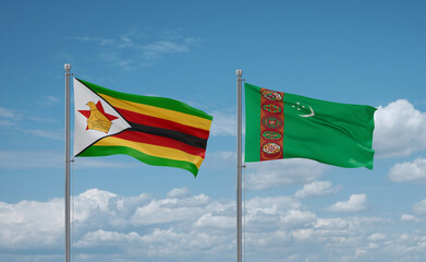 Turkmenistan and Zimbabwe flags, country relationship concept