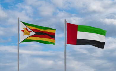 UAE and Zimbabwe flags, country relationship concept