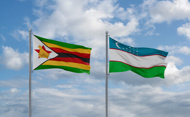 Uzbekistan and Zimbabwe flags, country relationship concept