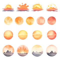 watercolor vector set of sunrise and sunset elements