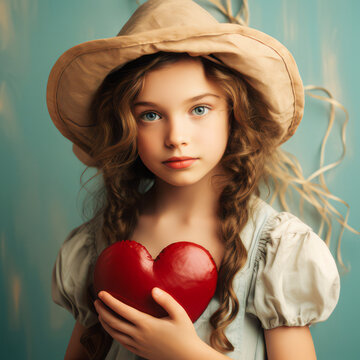 Young beautiful girl standing and posing happy and smiling with heart in hands. Red colors, eccentric style and positive energy. Concept for Valentine's Day.
