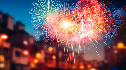 A firework display, with a starry night sky as the background, during a grand New Year's spectacle