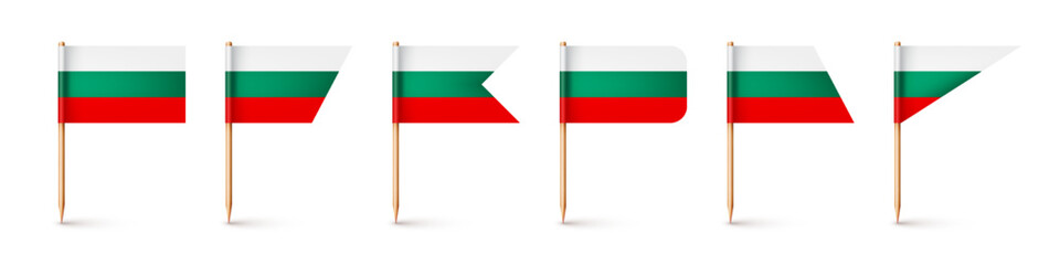 Bulgarian toothpick flags. Souvenir from Bulgaria. Wooden toothpicks with paper flag. Location mark, map pointer. Blank mockup for advertising and promotions. Vector illustration