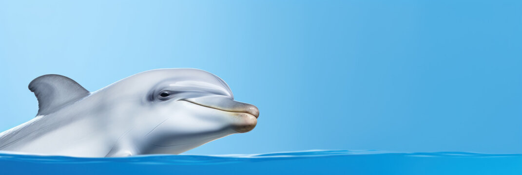 Beautiful dolphin on blue background, wide horizontal panoramic banner with copy space, or web site header with empty area for text.