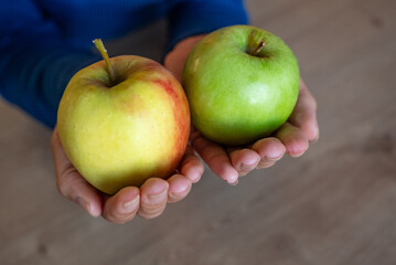 The woman holds fruits in her hand. The girl holds an apple. Apples in woman's hands. Green apples.