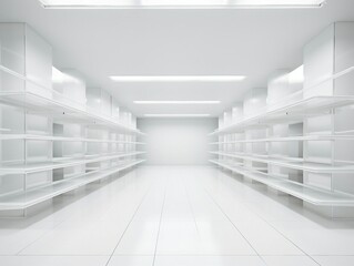 an empty white room with shelves