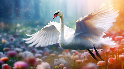 Beautiful flying white swan on spring flowers background.