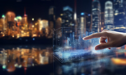 Fototapeta premium Pointing at the virtual mockup of the city by the AR technology and showing the future technological world