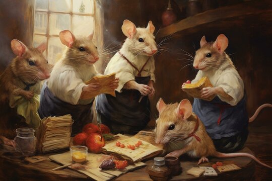 Artwork featuring four rats in various poses with different items. Generative AI