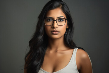 Fototapeta premium Portrait of a beautiful young indian woman wearing glasses on grey background.