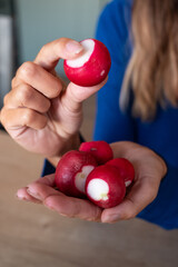 The woman holds vegetables in her hand. The girl holds an radish. Radishes in woman's hands. Red Radish