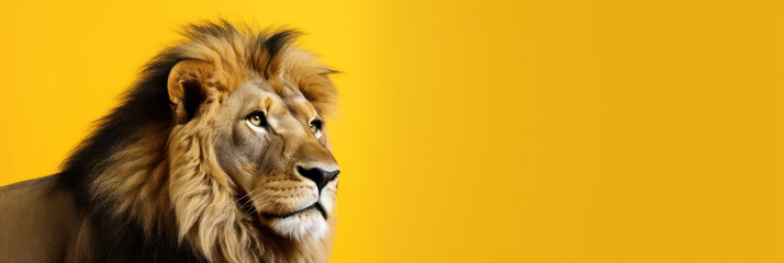 Beautiful majestic lion on yellow background, wide horizontal panoramic banner with copy space, or web site header with empty area for text.