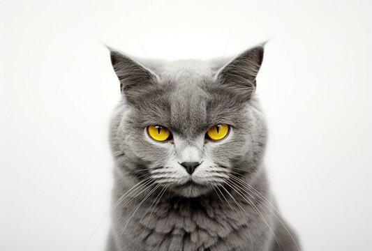 gray cat with mesmerizing yellow eyes staring directly into the camera