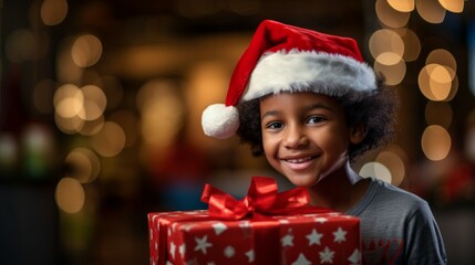 Fototapeta na wymiar Little boy in Santa hat holding a gift box on christmas background