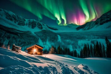 hut in the snow with burning  and pink and green lights apper in the sky 