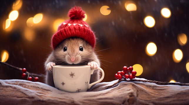 A cheerful cute mouse in a knitted hat drinks cocoa from a cup against the background of a winter forest with fir trees, snow and colorful lights. Postcard for the New Year holidays.