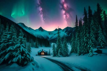 hut in the snow with burning  and pink and green lights apper in the sky 