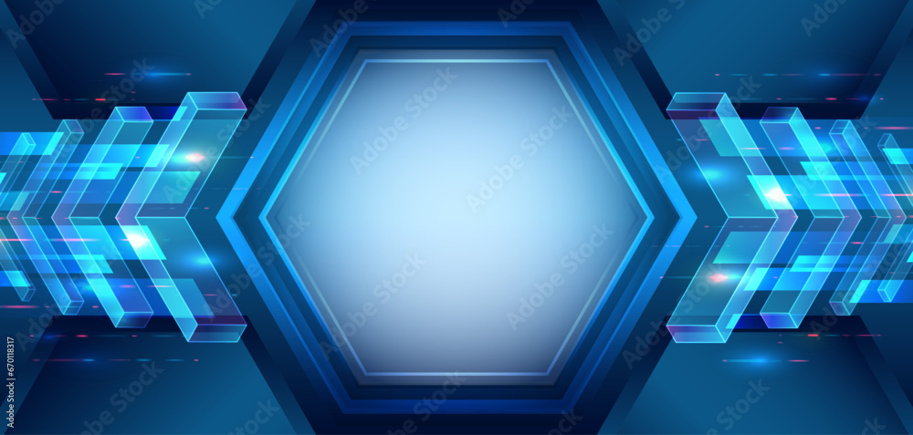 Aufkleber blue background consisting of horizontal stripes of arrows, hexagon particles, and light blue lines.