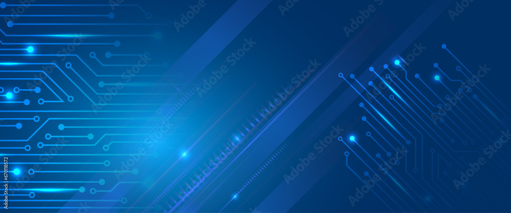 Aufkleber The abstract circuit board is on a blue background. Hi-tech digital technology and engineering concept. Wide technology communication. Futuristic design for banner or presentation.