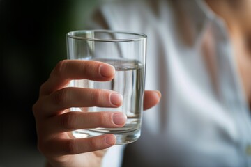 Human hands close up holding glass mineral water young man woman drinking fresh clear health pure refreshing beverage wellbeing thirsty detox aqua hydrate home natural liquid care transparent boy girl