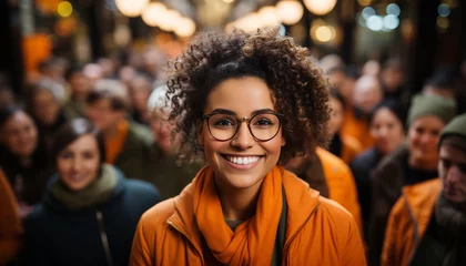 Fotobehang Radiant young woman with curly hair and glasses smiling, wearing an orange jacket amidst a bustling crowd with warm lighting. © Vagengeim