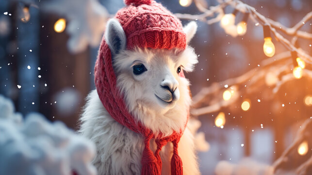 A cheerful cute llama in a knitted hat against the background of a winter forest with fir trees, snow and colorful lights. Postcard for the New Year holidays.