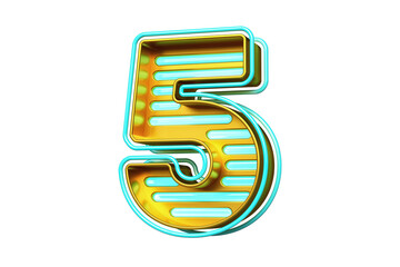 Display font number 5 in metallic gold with bright blue strips. Striking luminous font. High quality 3D rendering.