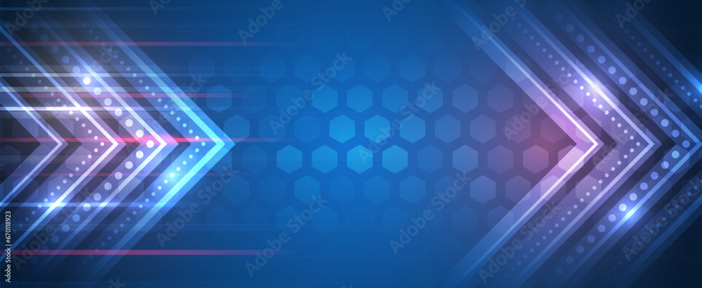 Poster Modern high-tech background for presentations and websites. Abstract background with glowing dynamic lines. Futuristic red-blue stripes with arrows.