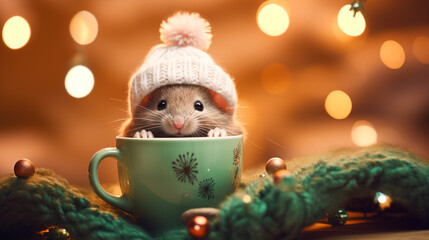 A cheerful cute mouse in a knitted hat sitting in cup against the background of a winter forest with fir trees, snow and colorful lights. Postcard for the New Year holidays. - obrazy, fototapety, plakaty
