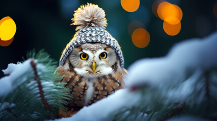 A cheerful cute owl in a knitted hat against the background of a winter forest with fir trees, snow and colorful lights. Postcard for the New Year holidays.