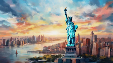 Fotobehang oil painting on canvas, The Statue of Liberty with One World Trade Center background, Landmarks of New York City, USA. © ImagineDesign