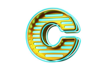 Neon 3D alphabet letter C in gold and blue with horizontal light strips. High quality 3D rendering.