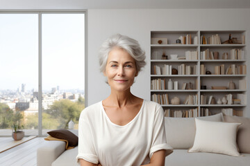 happy retired woman with grey hair sitting in a modern cozy appartment with a defocused bookshelf in background