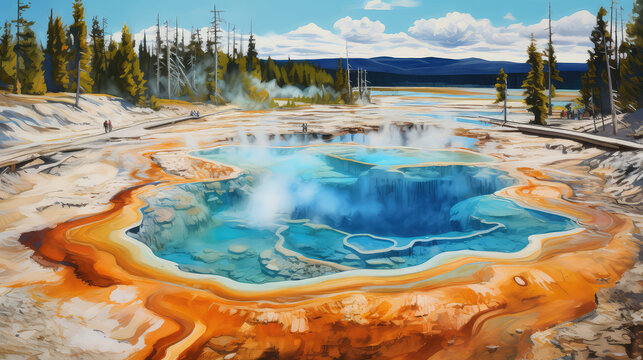 oil painting on canvas, Grand Prismatic Spring in Yellowstone National Park. USA.