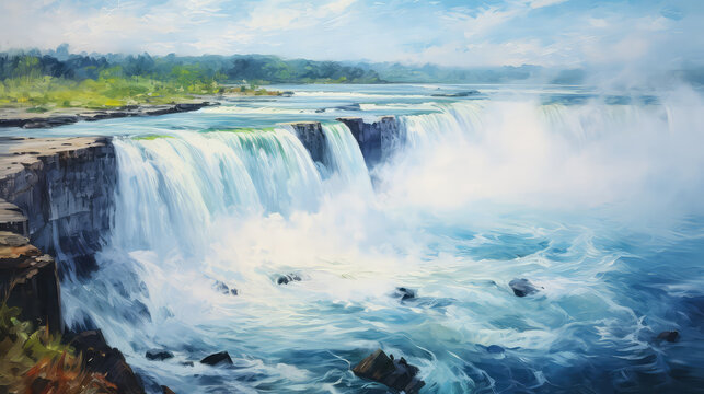 oil painting on canvas, Niagara falls between United States of America and Canada.
