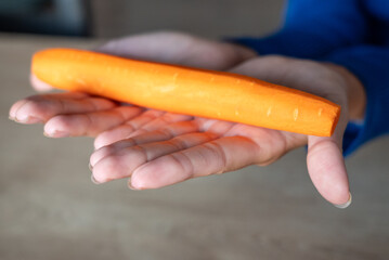 The woman holds food in her hand. the girl holds carrots in her hands. Orange carrot in hand