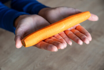 The woman holds food in her hand. the girl holds carrots in her hands. Orange carrot in hand