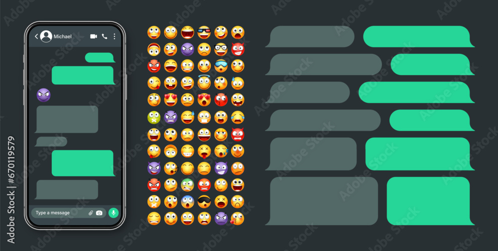 Wall mural smartphone messaging app, user interface with emoji. sms text frame. chat screen, green message bubb