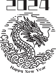 年賀状2024年辰年のはがきテンプレート、シンプルなモノクロの龍のイラスト