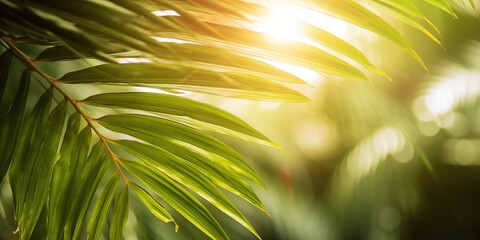 Obraz premium Sunny day, Close up of tropical palms leaves, Sun over green palm leaves, Travel card, generative ai