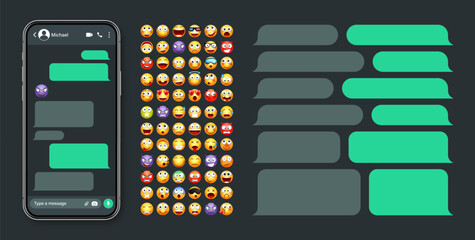 Smartphone messaging app, user interface with emoji. SMS text frame. Chat screen, green message bubbles. Texting app for communication. Social media application. Dark mode. Vector illustration