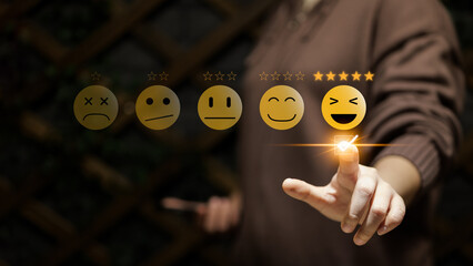 Customer review satisfaction feedback survey concept. Woman give rate to service experience...