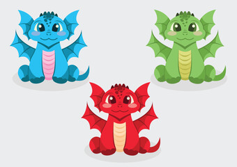 Set of cute dragons of different colors, blue, red, green, symbol of 2024, cartoon character, vector illustration