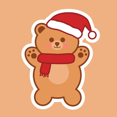 Sticker of a cute bear wearing a santa hat, New Year sticker, vector illustration