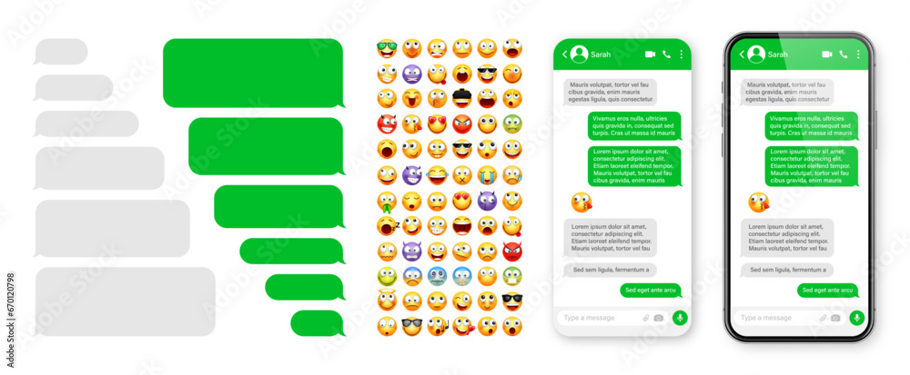 Wall mural smartphone messaging app, user interface design with emoji. sms text frame. chat screen with green m