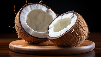 Close-up of fresh coconuts halved on a wooden surface, revealing creamy white flesh, accompanied by vibrant green leaves and coconut shavings.