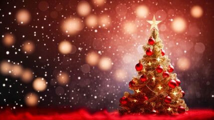 Christmas background with Christmas tree and bokeh lights.