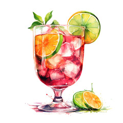 Summer cocktail with lemon slice and ice cubes png isolated on a transparent background, watercolor clipart illustration